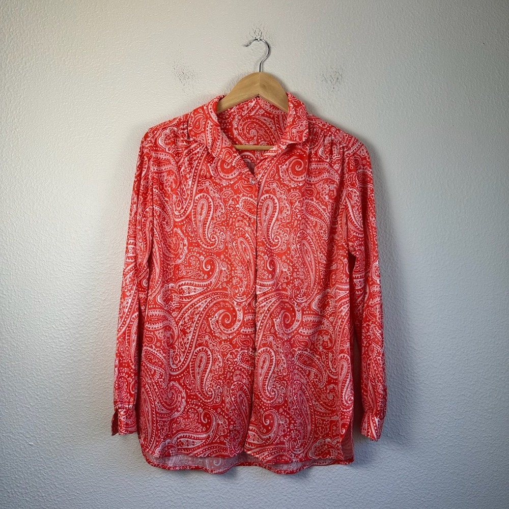 Vintage Style Paisley Button Down Women Size S Red Good Long Sleeve Blouse